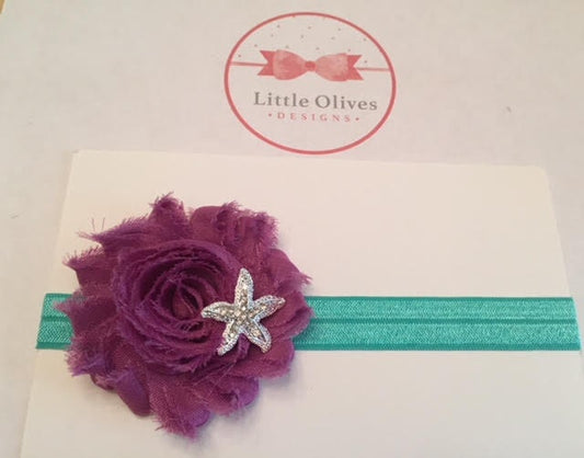 plum shabby flower with starfish rhinestone and aqua headband