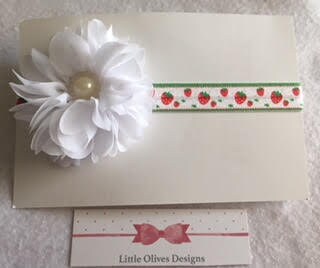white chiffon ballerina flower with pearl accent and strawberry headband