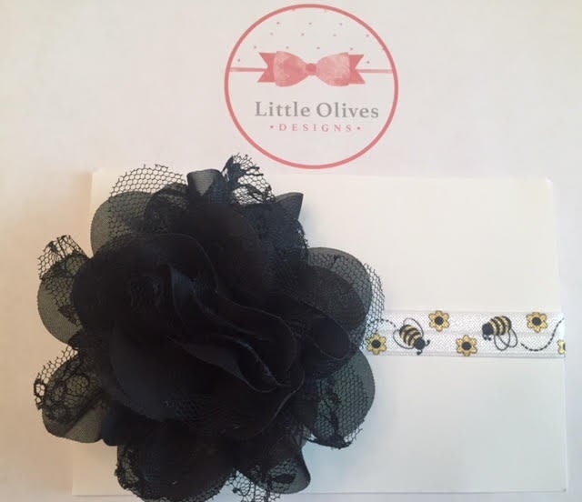 large black chiffon/lace flower with bee headband