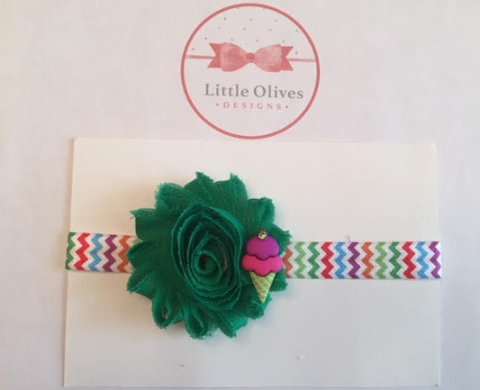 green shabby flower with purple and pink ice cream with chevron rainbow headband