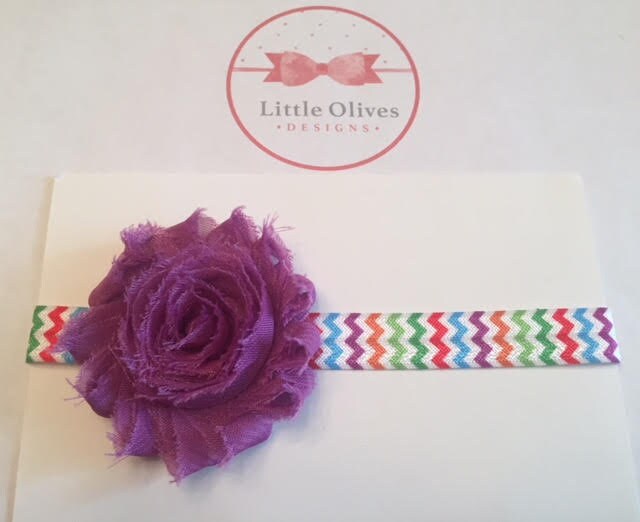 plum shabby flower with rainbow chevron headband