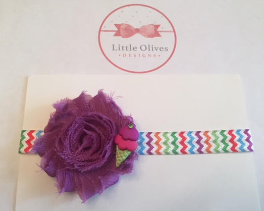 plum shabby flower with purple and pink ice cream and rainbow chevron headband