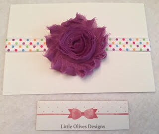 plum shabby flower with rainbow dots headband