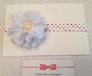 white chiffon pearl flower with rainbow dots headband