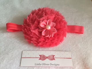 salmon fabric flower with pearl petal flower accent and salmon headband