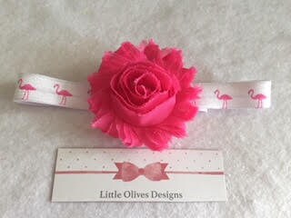 hot pink shabby flower with white headband and pink flamingos