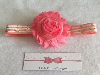 pink shabby flower with pink and white striped gold anchor headband