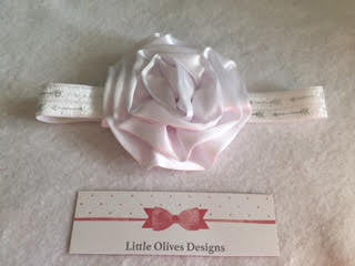 white satin cabbage flower with white and silver arrow headband