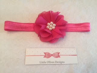 hot pink chiffon flower with pearl center and hot pink headband
