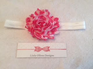 pink and white chevron shabby flower with white elastic headband