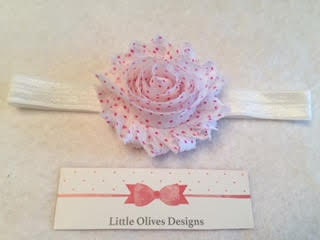 white shabby flower with pink dots and white elastic headband