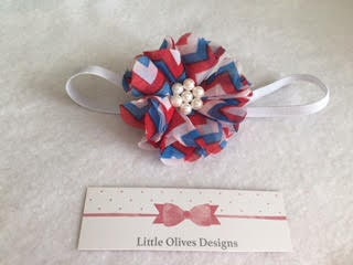 4th of July theme - red white and blue chiffon flower with pearl center and skinny elastic headband