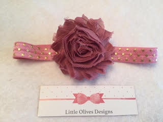 dusty rose shabby flower with dusty rose and gold dots headband