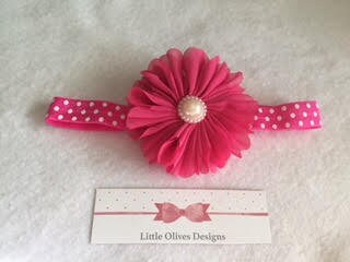 hot pink ballerina chiffon flower with pearl center and hot pink and white dots headband
