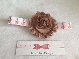 tan shabby flower with with pink and tan pineapple headband