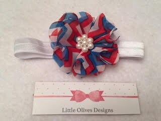 4th of July - red white and blue chevron flower with pearl center and white headband