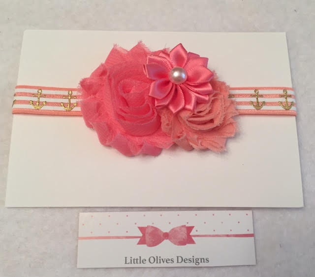 peach and pink flowers with pink striped anchor headband