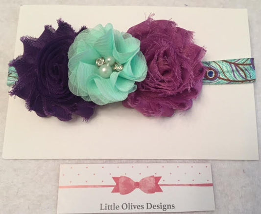 peacock headband - purple, plum and mint green with peacock feather headband