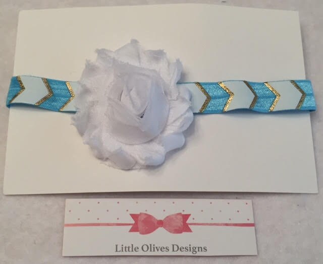 white flower with baby blue and white headband