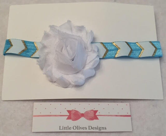 white flower with baby blue and white headband