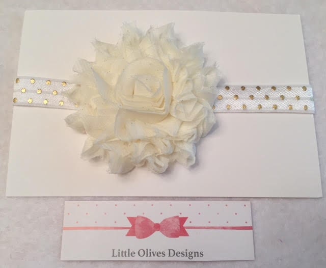 ivory glitter flower with white and gold dots headband