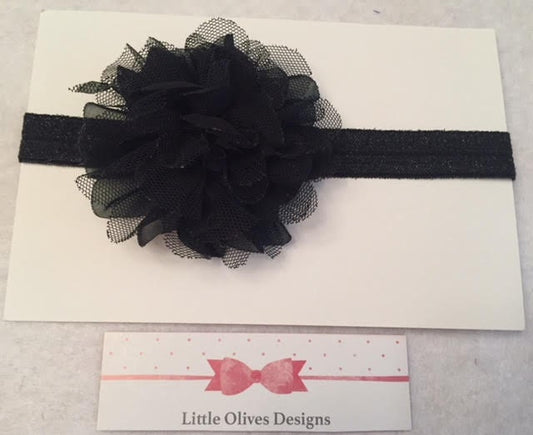 Black tulle and chiffon flower flower with black glitter headband