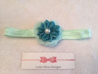 mint green - aqua chiffon flower with teal satin pearl flower and mint green - aqua headband