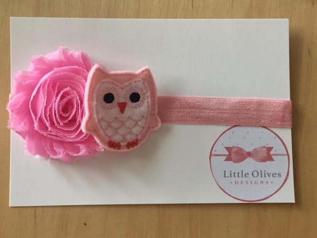 pink flower headband with pink felt owl accent