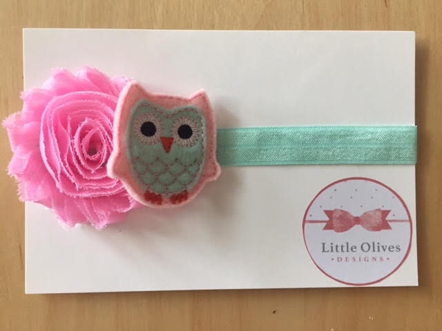 pink and mint green headband with pink and mint green owl felt accent