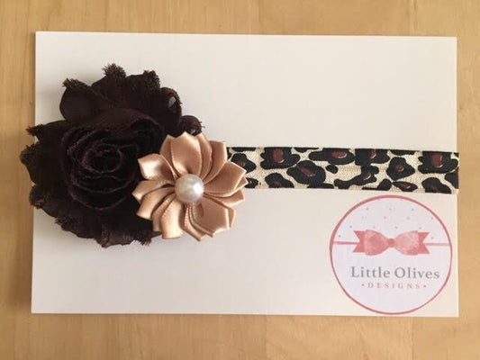 leopard headband with brown and tan flowers