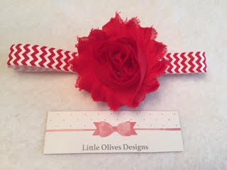 red flower with red and white chevron headband