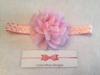 light pink tulle and chiffon flower and headband with gold dots