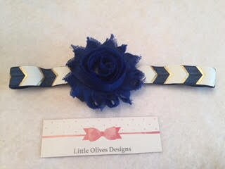 royal blue flower with royal blue and white chevron headband