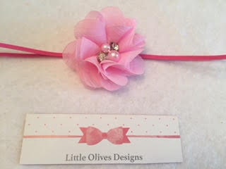 small pink chiffon and rhinestone - pearl flower with skinny elastic headband