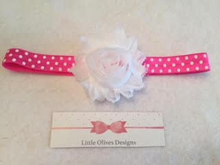 white flower with hot pink and white dots headband
