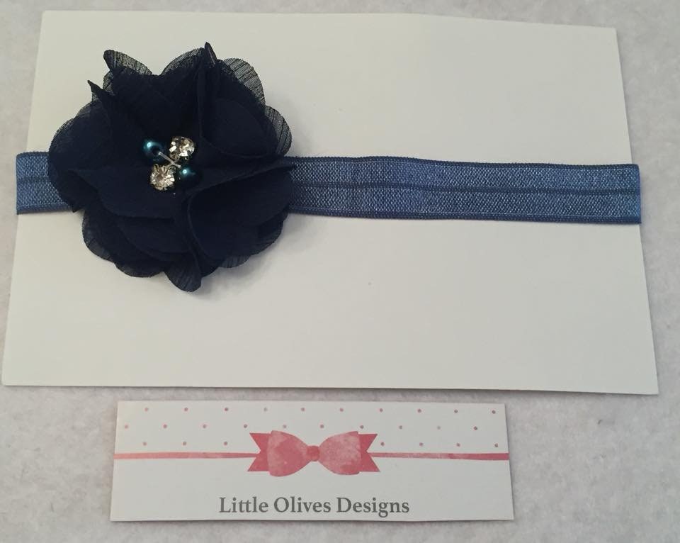 navy chiffon rhinestone - pearl flower with navy headband
