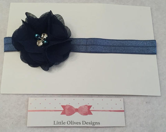 navy chiffon rhinestone - pearl flower with navy headband