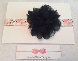 black chiffon tulle flower with pink rose and black vintage inspired band