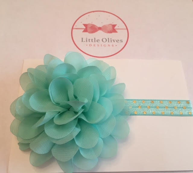 large aqua chiffon flower with aqua elastic headband with gold dots
