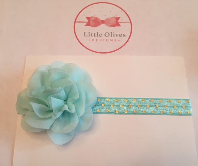 small aqua chiffon flower with aqua headband with gold dots