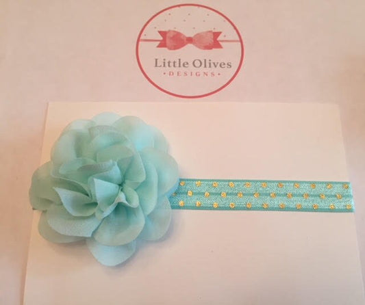 small aqua chiffon flower with aqua headband with gold dots