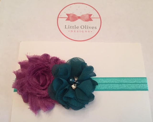 plum shabby flower with turquoise rhinestone/pearl chiffon flower with aqua headband