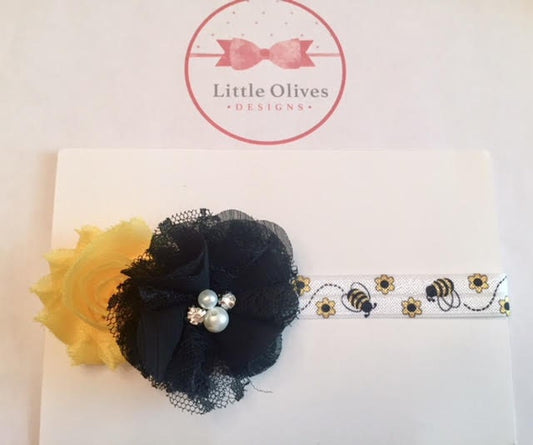 small yellow flower with black lace/chiffon flower with pearl/rhinestone and bee headband