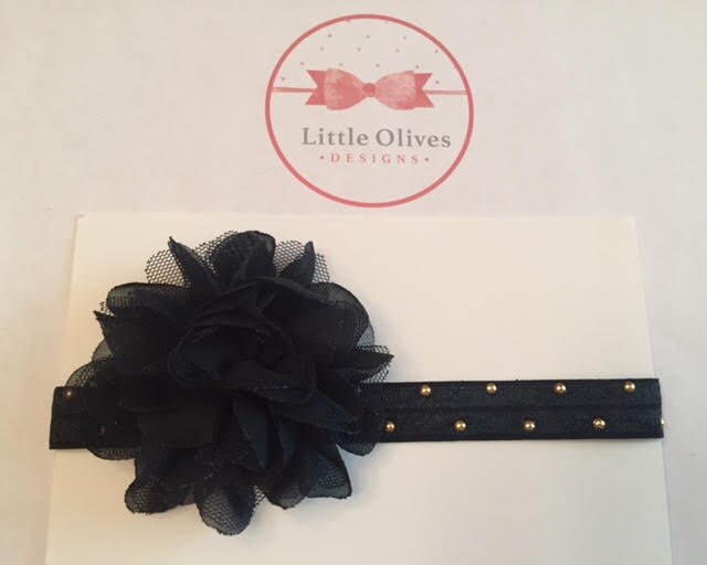 black tulle/chiffon flower with black band with gold dots