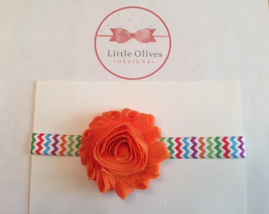 orange shabby flower with rainbow chevron headband