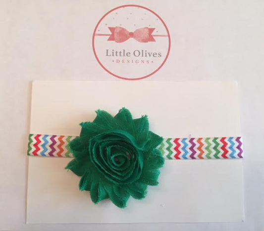 green shabby flower with chevron rainbow headband
