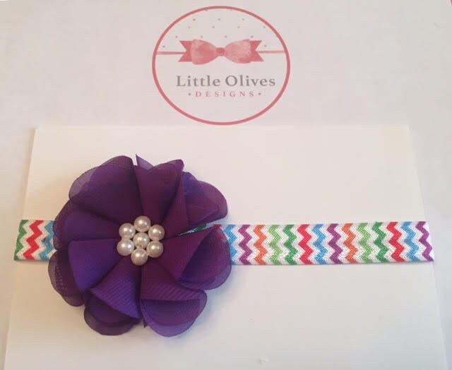 purple chiffon flower with pearls with rainbow chevron headband