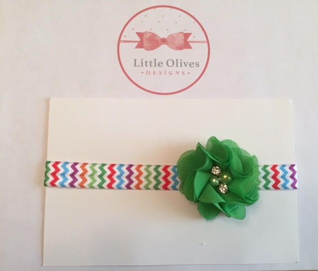 small green chiffon flower with rhinestone with rainbow chevron headand