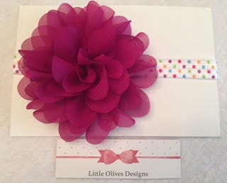 plum chiffon flower with rainbow dots headband