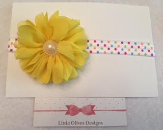 yellow chiffon pearl flower with rainbow dots headband
